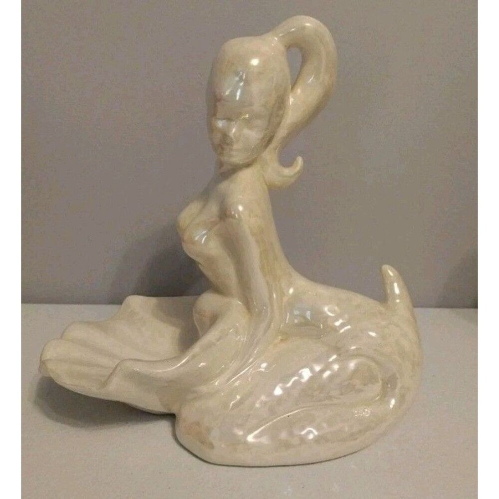 Vintage Handmade Ceramic Mermaid Figurine Trinket Dish Jewelry Holder